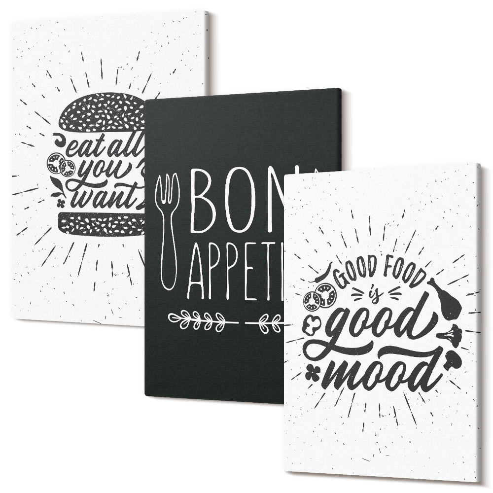 Sada obrazov na stenu triptych Grafika s jedlom a kulinárskymi sloganmi