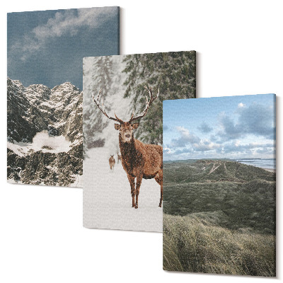 Sada obrazov triptych Hory so snehom, jelene v lese, krajina