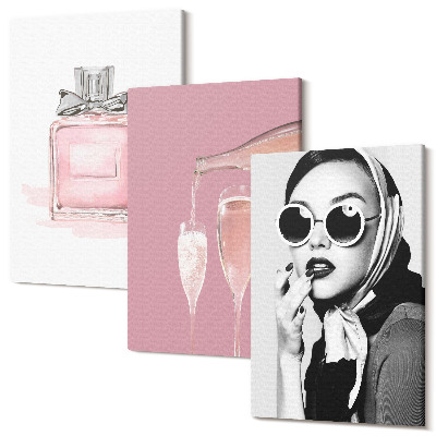 Sada 3 obrazov Štýlové ženské doplnky v odtieňoch ružovej