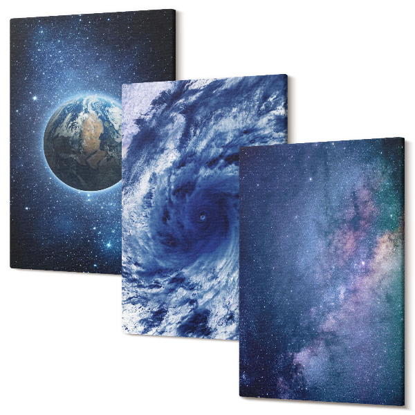 Sada obrazov na stenu triptych Zem vo vesmíre, búrka a galaxia hviezd