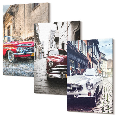 Sada obrazov triptych Klasické autá v uliciach mesta v rôznych farbách