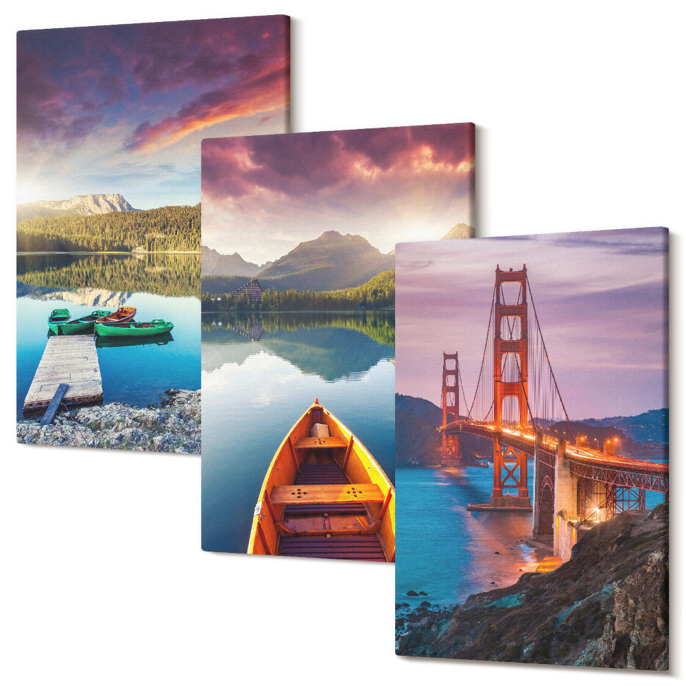 Sada obrazov triptych Výhľad na hory s jazerami, člnmi a mostom