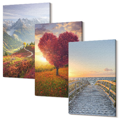 Sada obrazov na stenu triptych Mólo na strome v tvare srdca v horskej krajine