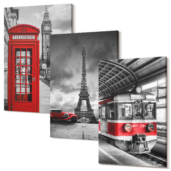 Sada obrazov na stenu triptych Ikonické mestá Londýn Paríž a železničná doprava