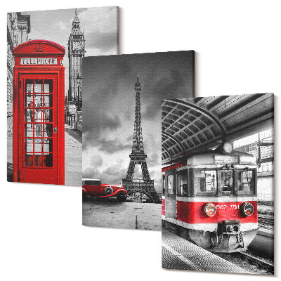 Sada obrazov na stenu triptych Ikonické mestá Londýn Paríž a železničná doprava