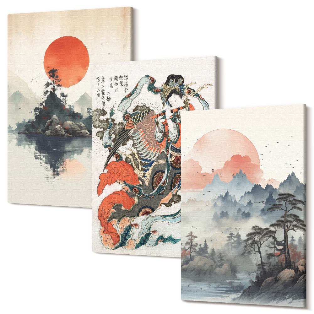 Sada 3 obrazov Ázijské krajinomaľby a portréty v japonskom štýle