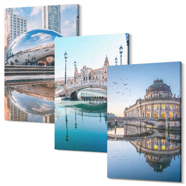 Sada obrazov triptych Mestská architektúra odrážajúca sa vo vode