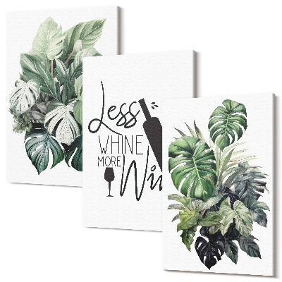 Sada obrazov triptych Listy rastlín v odtieňoch zelenej s nápisom o víne