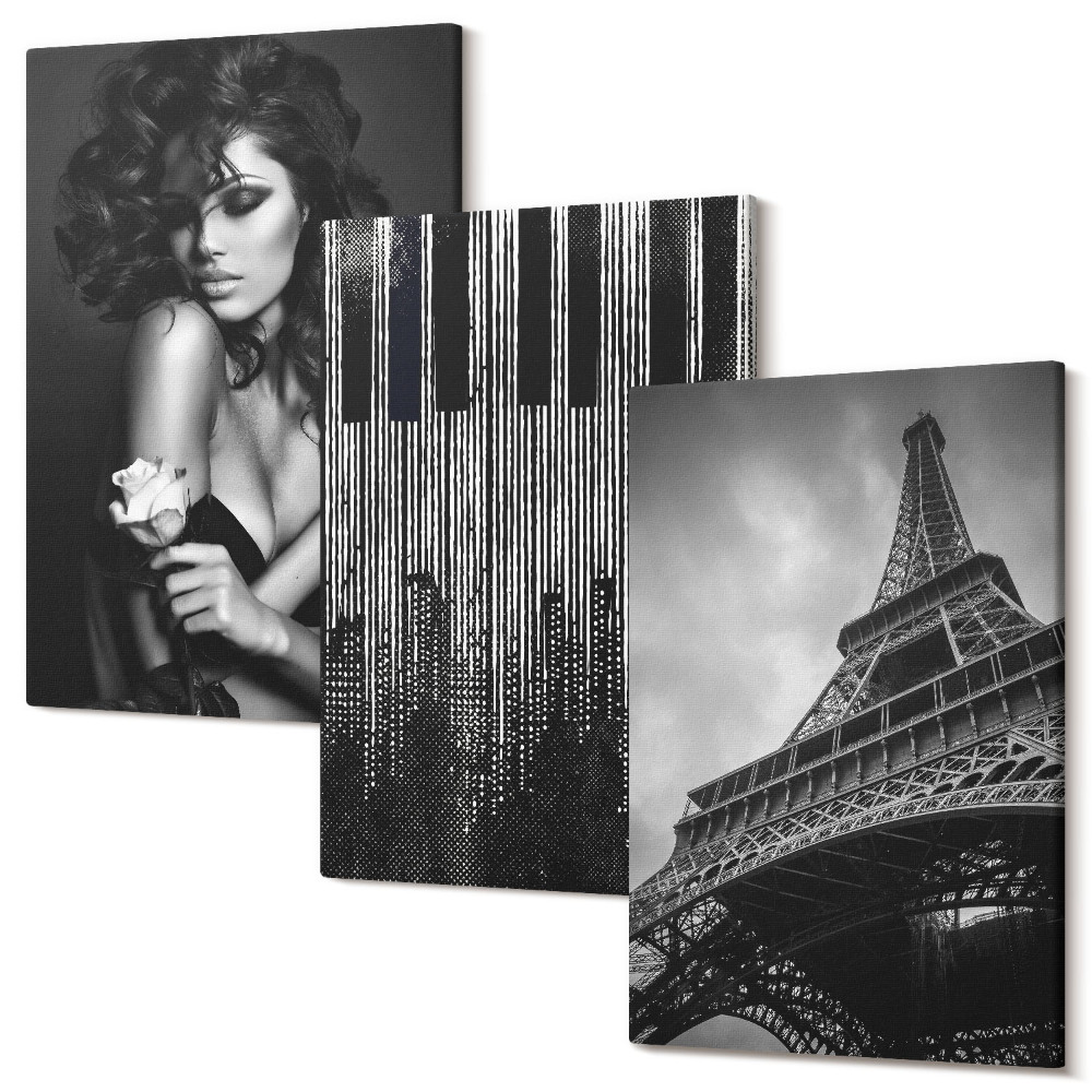 Sada 3 obrazov Portrét ženy s ružou, Eiffelovou vežou a klavírnym vzorom