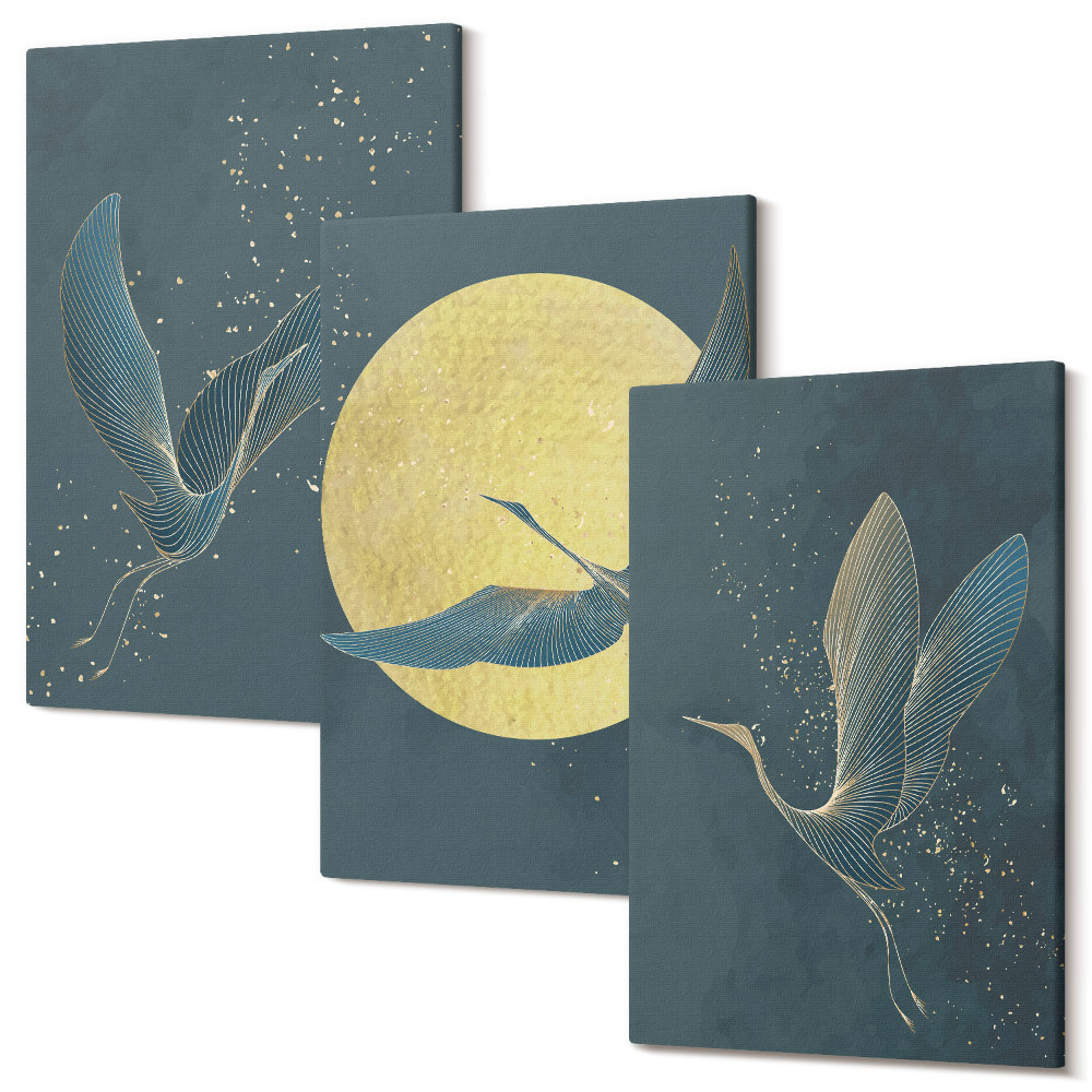 Sada obrazov triptych Žeriavové vtáky v lete na pozadí mesiaca a hviezd
