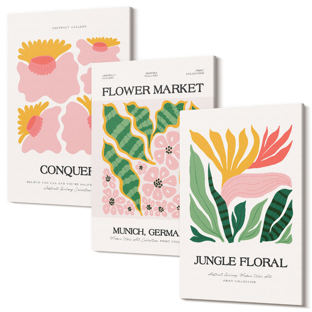 Sada obrazov na stenu triptych Kvety a listy v modernom štýle plagátov