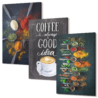Sada 3 obrazov Kávu okorení šálkou so vzormi kuchynských byliniek