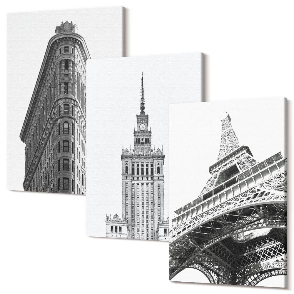 Sada obrazov na stenu triptych Architektonické budovy v čiernobielom minimalizme