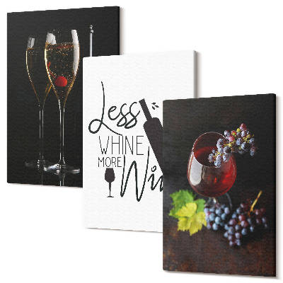 Sada obrazov triptych Poháre vína s hroznom a nápisom o víne