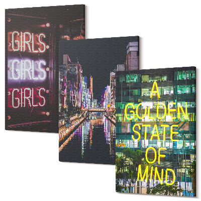 Sada obrazov triptych Neónové nápisy mesta v noci s výhľadom na rieku