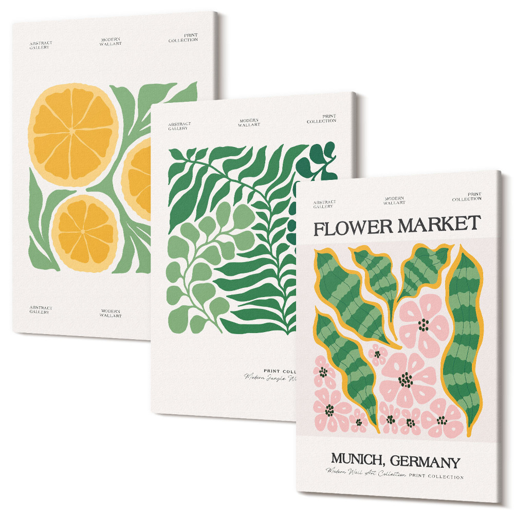 Sada obrazov na stenu triptych Plagáty s ovocnými a rastlinnými motívmi v pastelových farbách