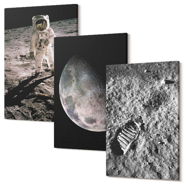Sada obrazov na stenu triptych Fotografia stopy astronauta na Mesiaci
