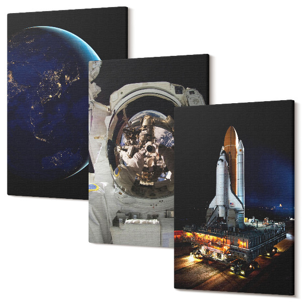 Sada obrazov triptych Pohľady do vesmíru so Zemou, astronautom a raketou