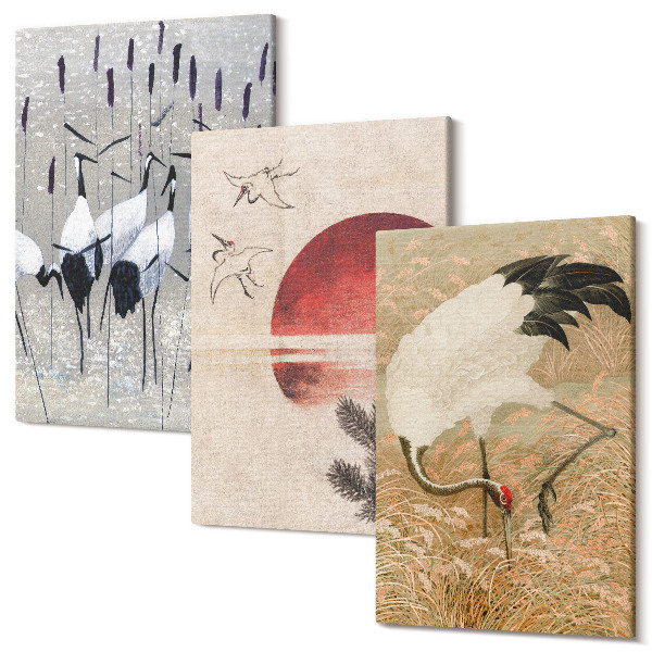 Sada obrazov triptych Japonský žeriav ilustrácie japonskej krajiny