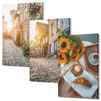 Sada obrazov na stenu triptych Očarujúce uličky s kávou a slnečnicami