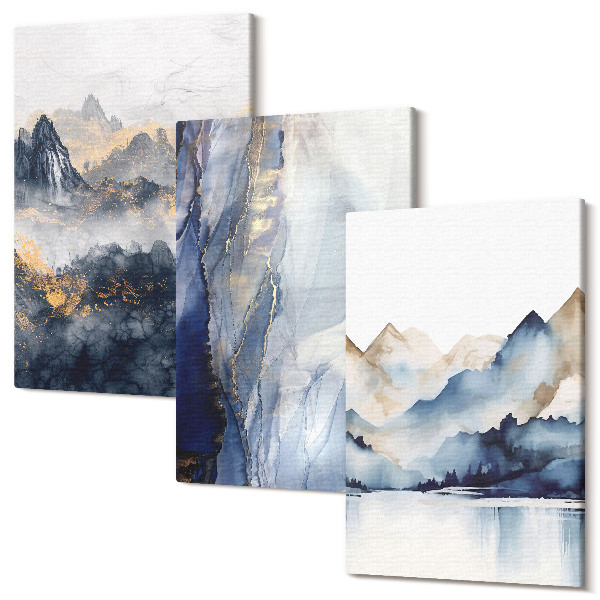 Sada obrazov na stenu triptych Horské krajiny s modrými a sivými tónmi