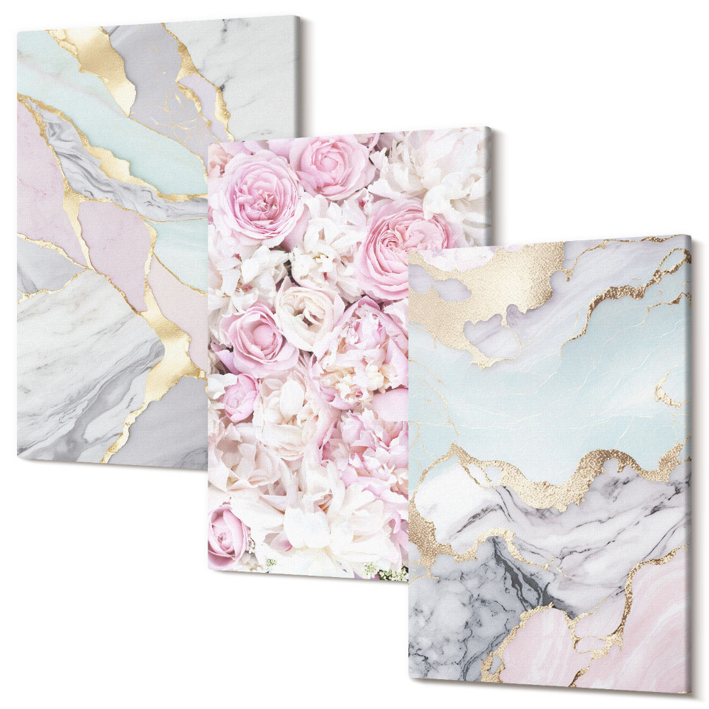 Sada 3 obrazov Ružové kvety s mramorovými a pastelovými vzormi
