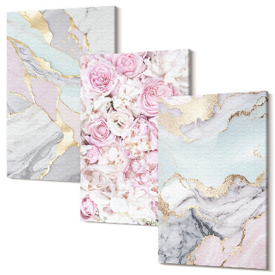 Sada 3 obrazov Ružové kvety s mramorovými a pastelovými vzormi