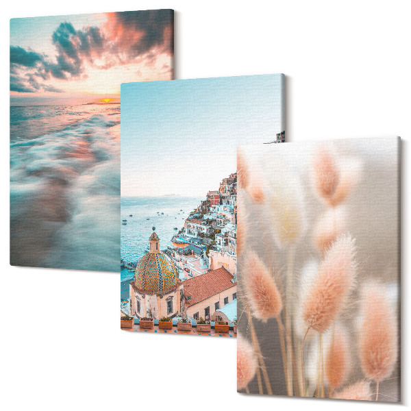Sada obrazov na stenu triptych Výhľad na more západ slnka farebné domy kvety