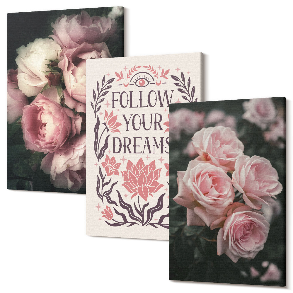 Sada obrazov na stenu triptych Vintage ruže s nápisom o snoch