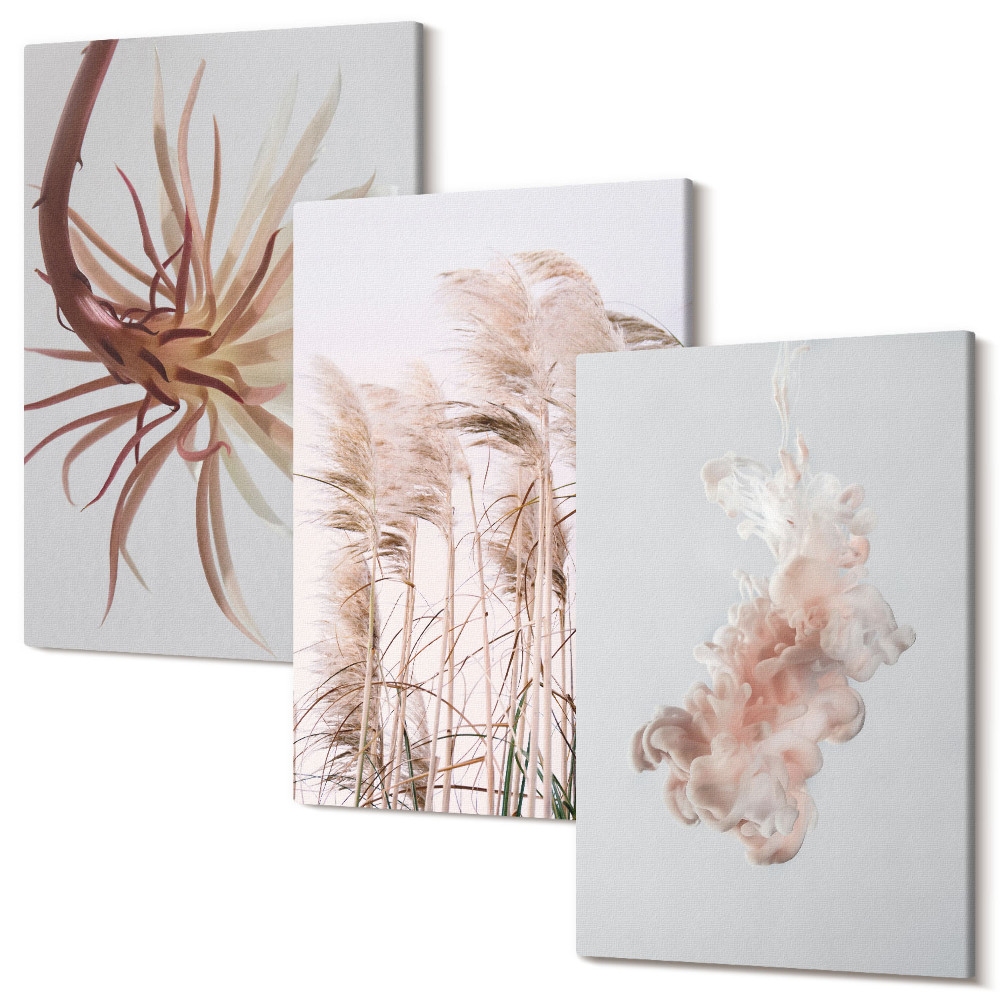 Sada obrazov na stenu triptych Kvety a trávy na svetlom pozadí v harmonickom súbore