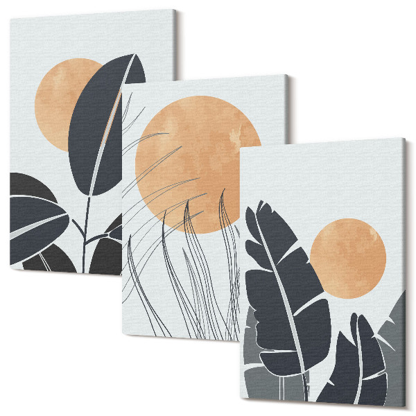 Sada obrazov triptych Rastlinné vzory s veľkými slnkami, minimalistický štýl