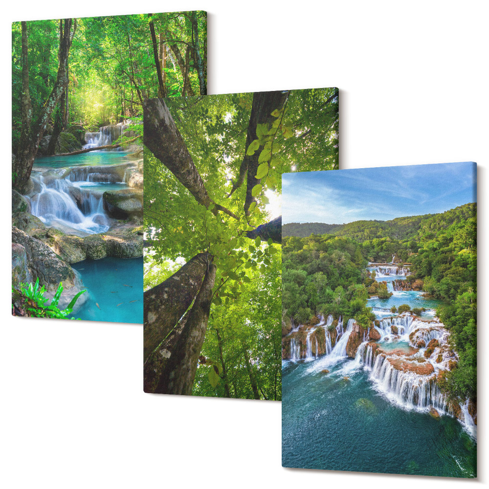 Sada obrazov na stenu triptych Vodopády v zelenom lese s krištáľovo čistou vodou