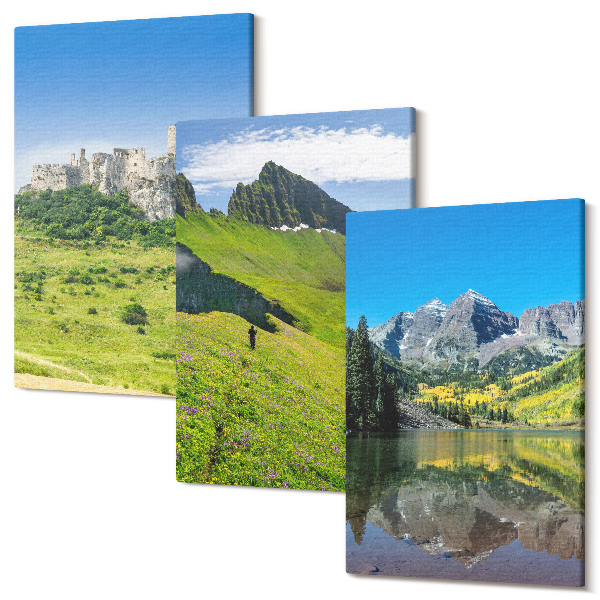 Sada obrazov triptych Zelené kopce s hradom a horskou krajinou