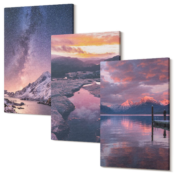 Sada obrazov triptych Hory a voda v krásnej prírodnej krajine