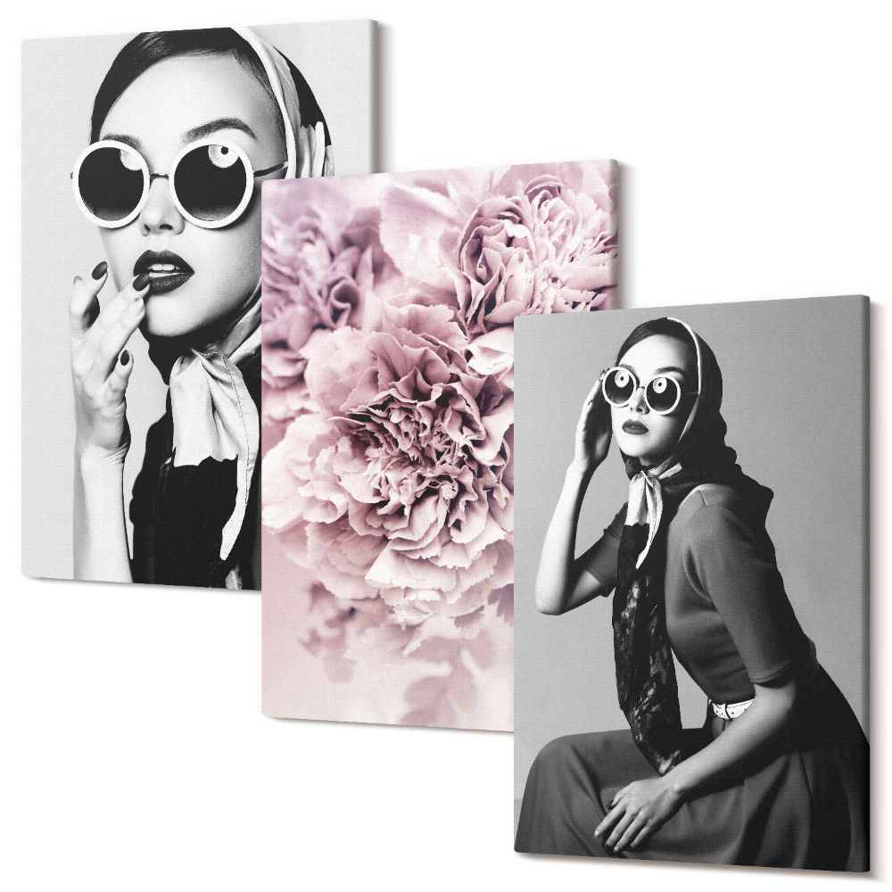 Sada obrazov na stenu triptych Štýlové portréty žien s ružovými kvetmi