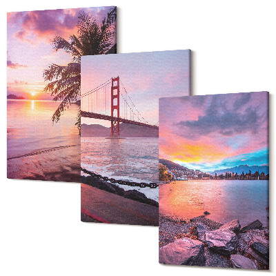Sada obrazov triptych Západy slnka nad mostom a vodnou krajinou