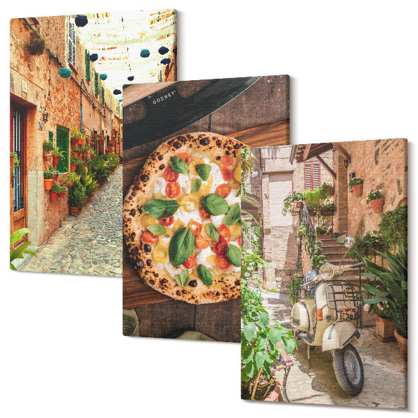 Sada obrazov triptych Očarujúce uličky s rastlinami a talianskou pizzou