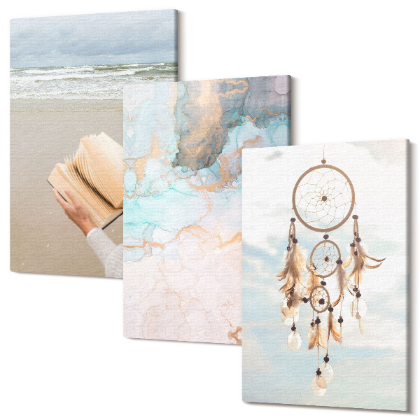 Sada obrazov na stenu triptych Abstraktná kniha na čítanie mora a boho lapač snov