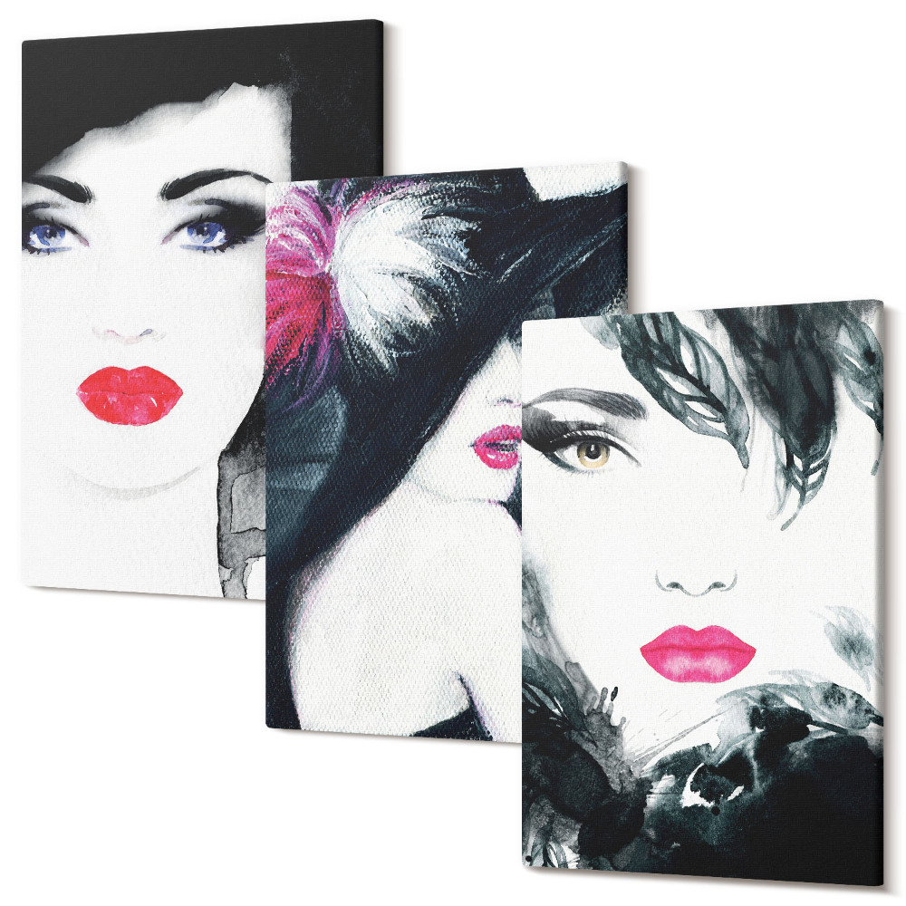Sada 3 obrazov Maľované portréty žien s výraznými perami