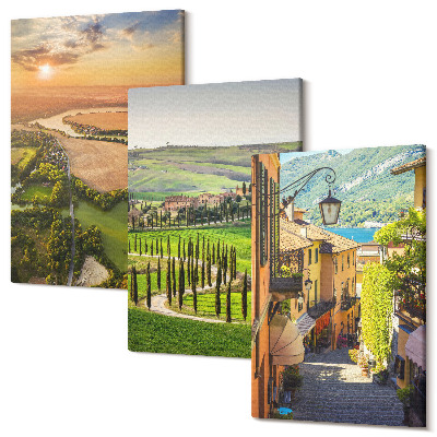 Sada obrazov triptych Talianska krajina s riekou, kopcami a mestskou ulicou