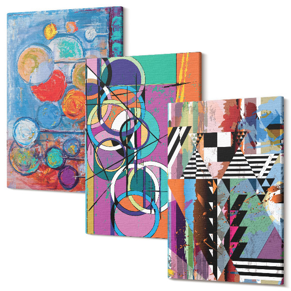 Sada obrazov triptych Farebné abstrakcie s kruhmi a geometrickými vzormi