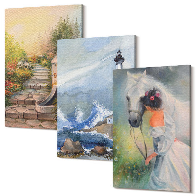 Sada 3 obrazov Prírodné scenérie maják a dievča s koňom
