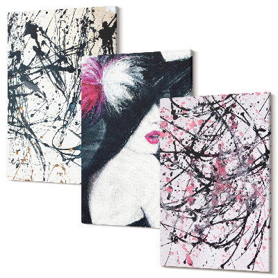Sada obrazov na stenu triptych Abstraktné vzory farieb žena v klobúku