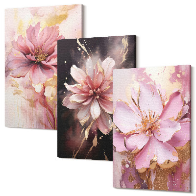 Sada 3 obrazov Kvetinové kompozície v odtieňoch ružovej a bielej