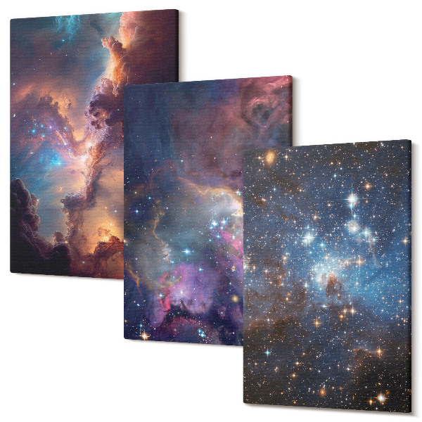 Sada obrazov triptych Vesmírne krajiny s hviezdami a hmlovinami