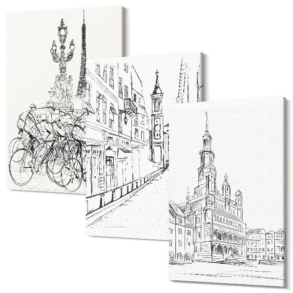 Sada obrazov triptych Jednoduché kresby pohľadov na mesto