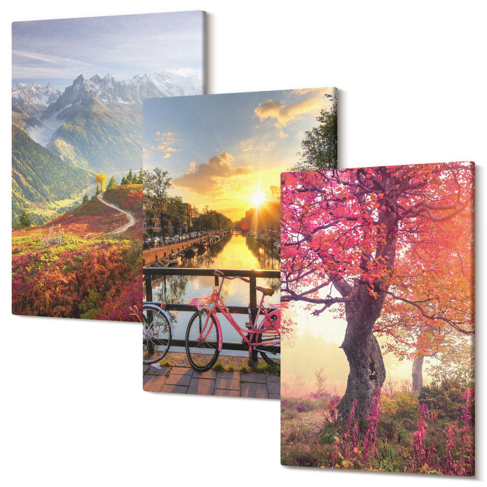 Sada obrazov na stenu triptych Horské krajiny s bicyklom a jesenným stromom