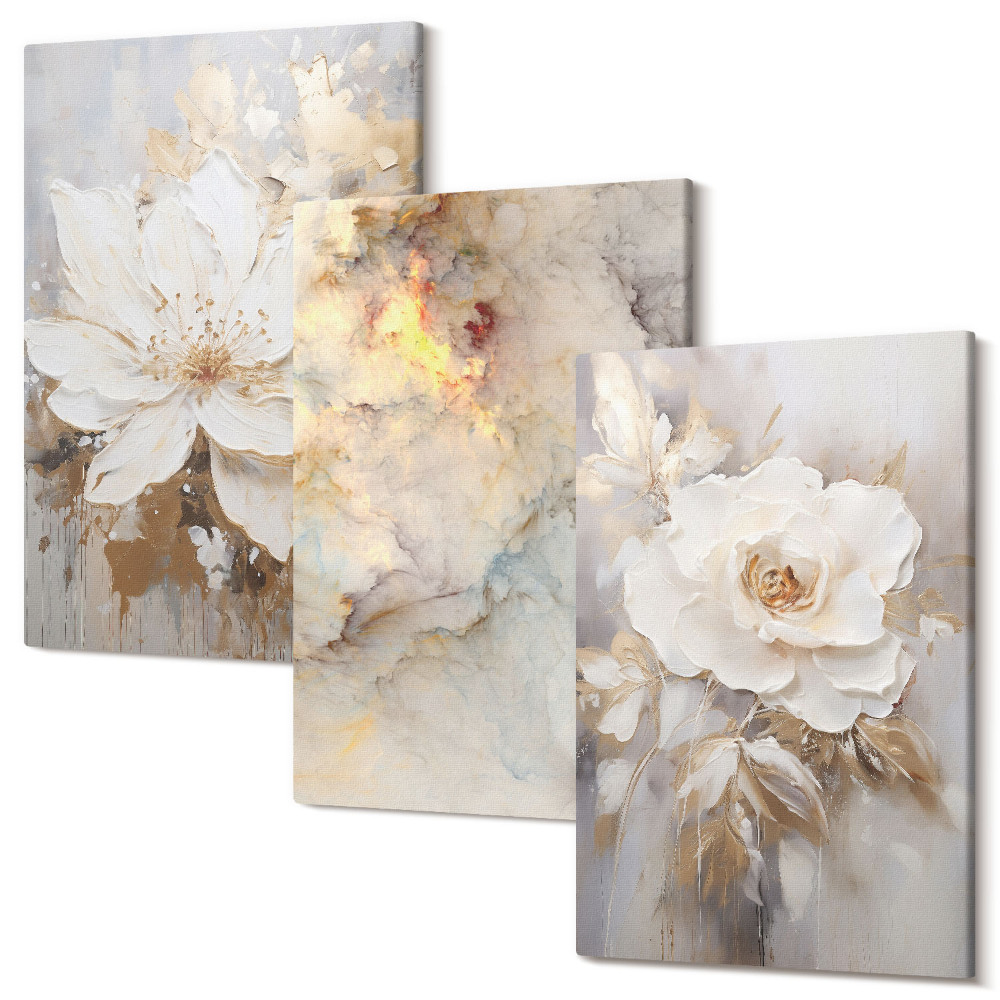 Sada 3 obrazov Kvety na svetlom pozadí s abstraktnými vzormi