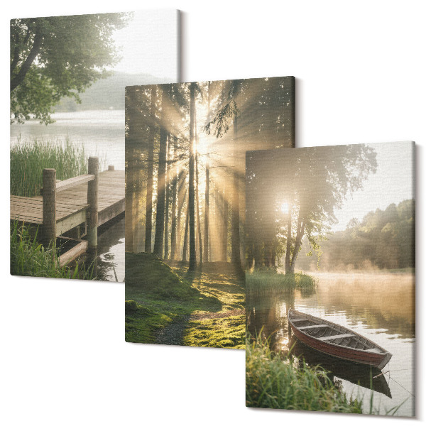 Sada obrazov triptych Pokojné jazero, les a loď v rannej hmle