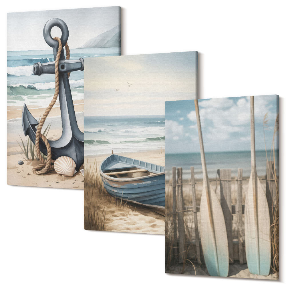 Sada 3 obrazov Lodná kotva a veslá na pláži s morom